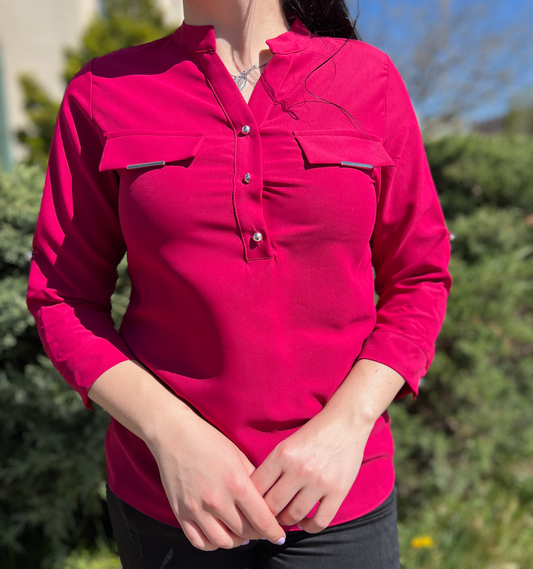 Дамска блуза-риза в цвят циклама със свободна кройка, 7/8 ръкави с регулируема дължина и джобове на гърдите, модел Elicia