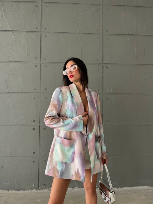 Дамски ефектен комплект сако и къса пола, преливащи пастелни цветове, с пайети, модел Elicia